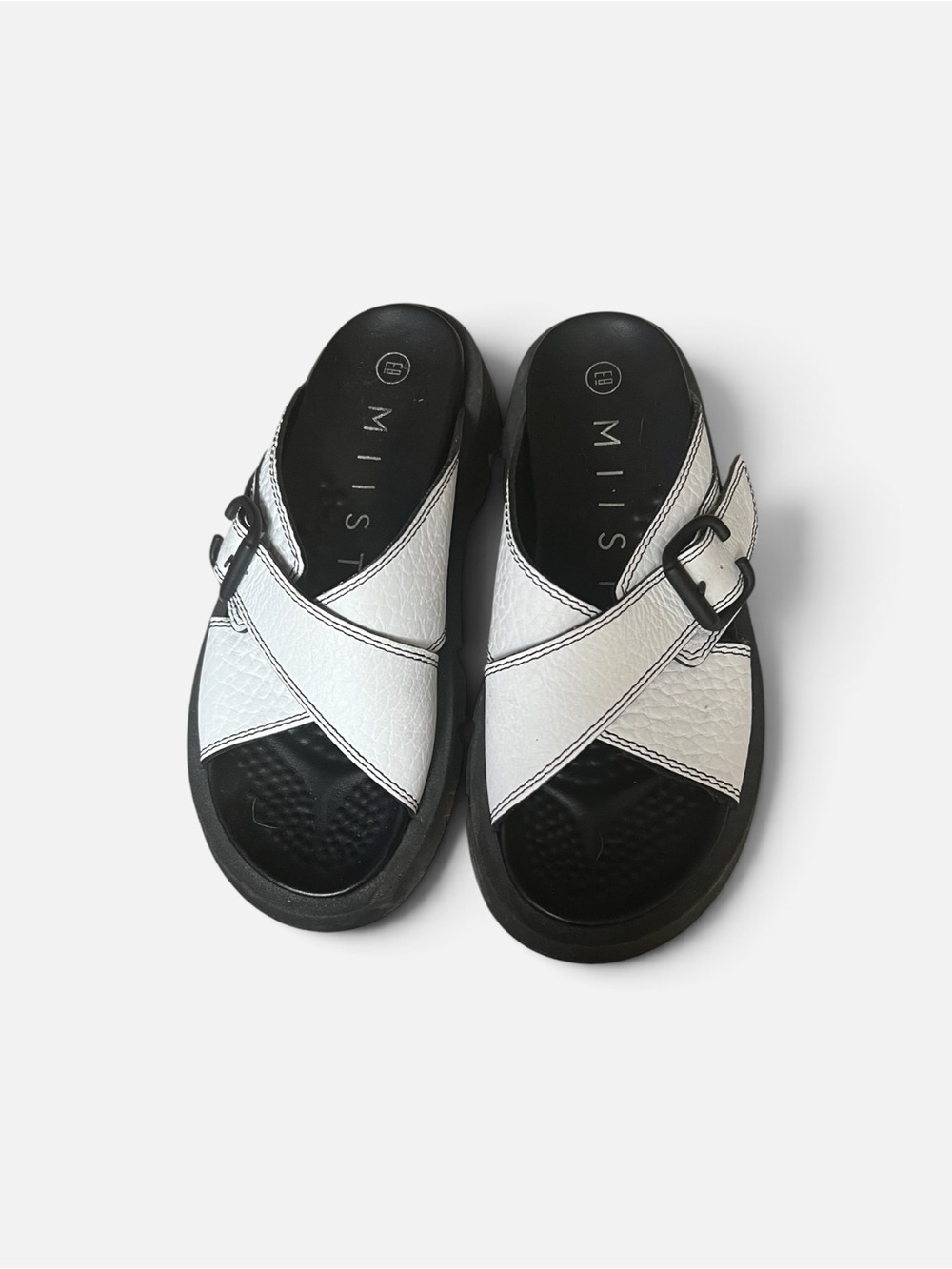 Miista White & Black Cross-Strap Slide Sandals